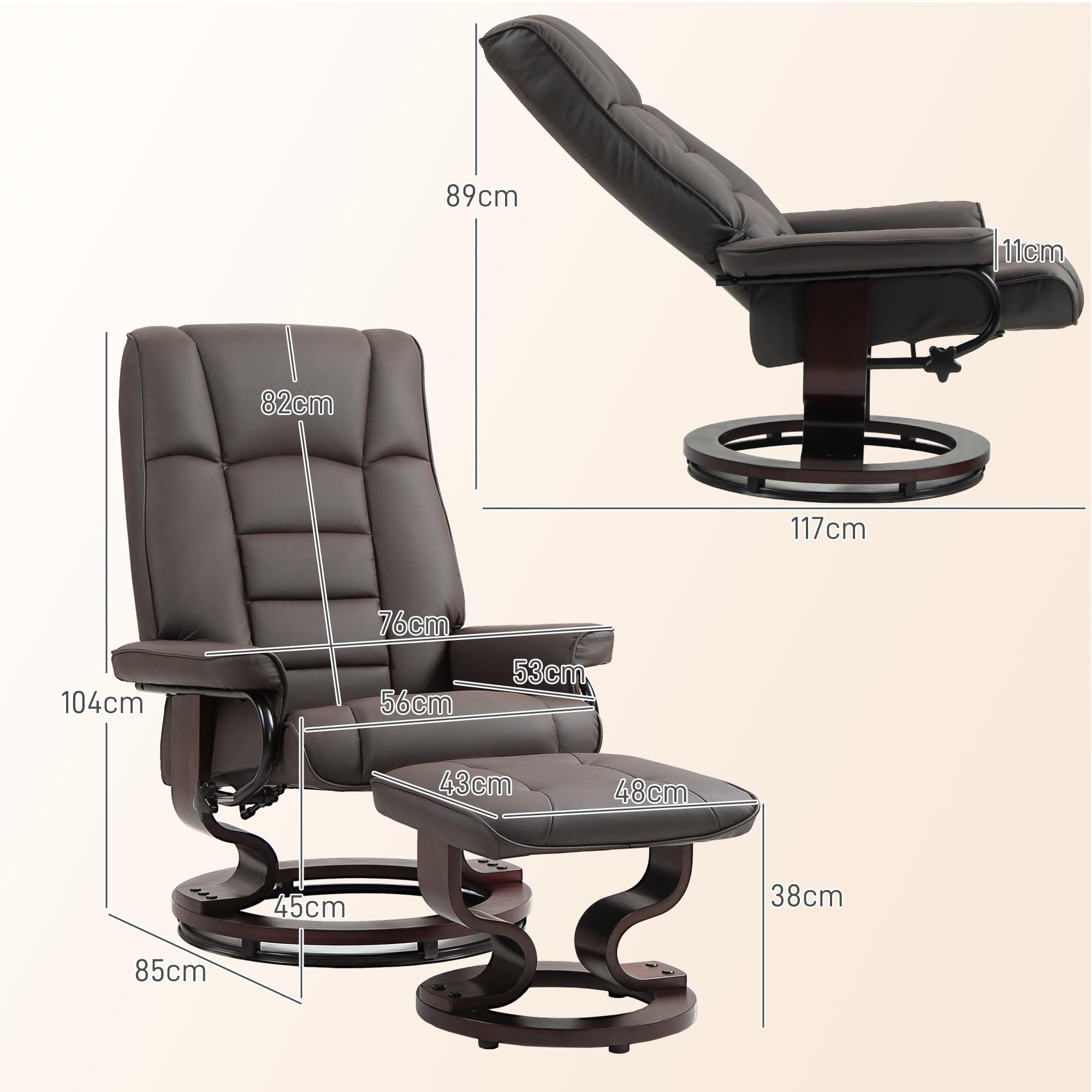 HOMCOM Relaxsessel mit Hocker, 360° drehbarer Fernsehsessel mit Liegefunktion hoher Rückenlehne, Holzgestell TV-Sessel für Wohnzimmer, Kunstleder, Braun