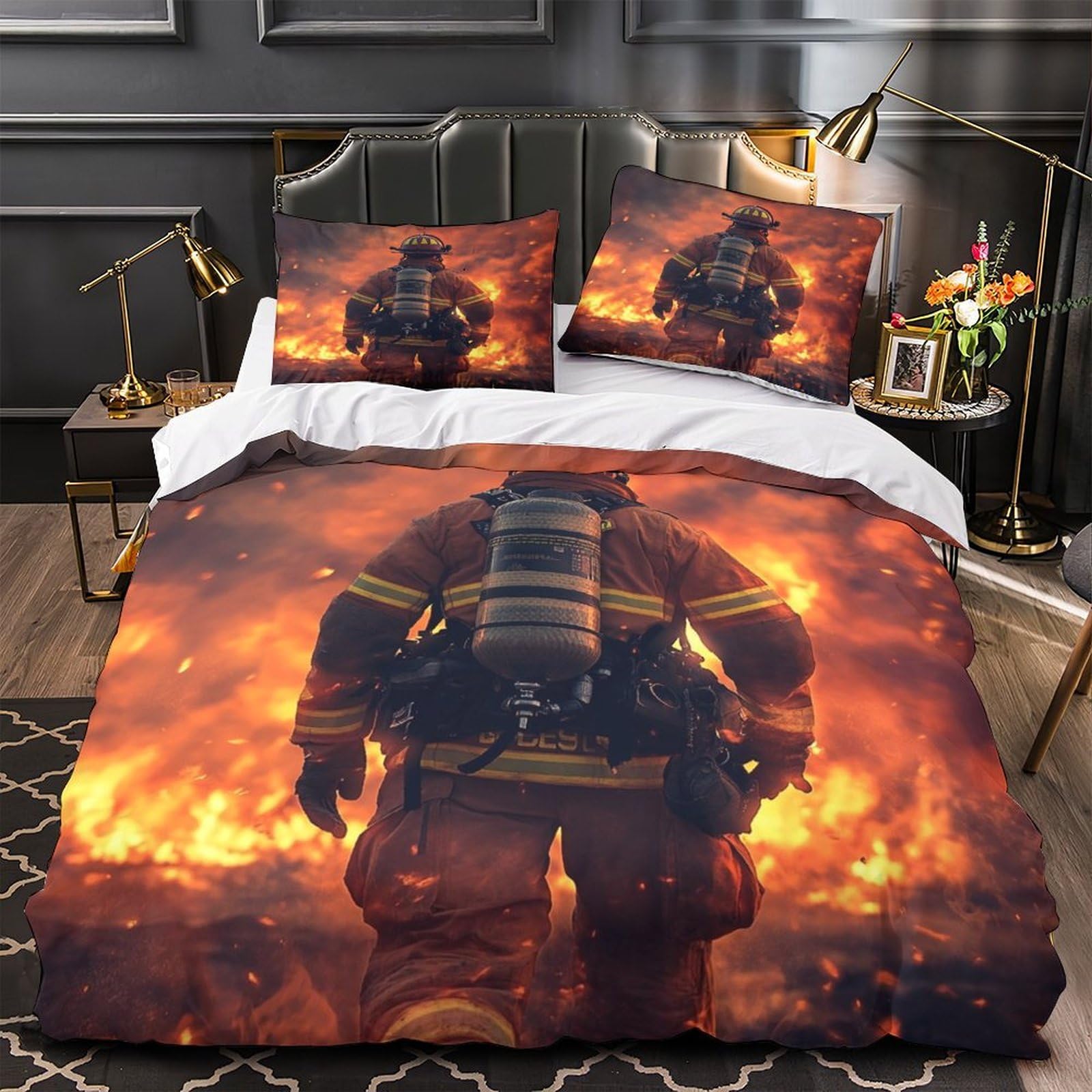 Linge de lit pompier 1 personne housse couette 135x200cm imprimé 3D scène urgence