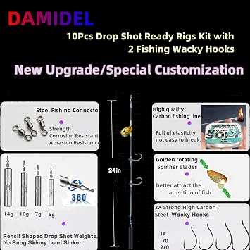 10Pcs Drop Shot Ready Rigs Kit with 2 Fishing Wacky Hooks,No Snag Skinny Sinker(1/2oz,3/8oz,1/4oz.1/5oz.), Spinner Blades, Fishing Bass Rig Cylinder Saltwater Freshwater
