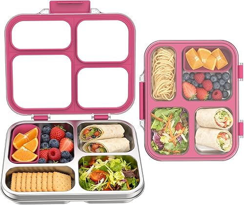 Caja Bento de acero inoxidable de 4 compartimentos con recipiente de silicona para adultos, lonchera de metal para niños, sello de silicona