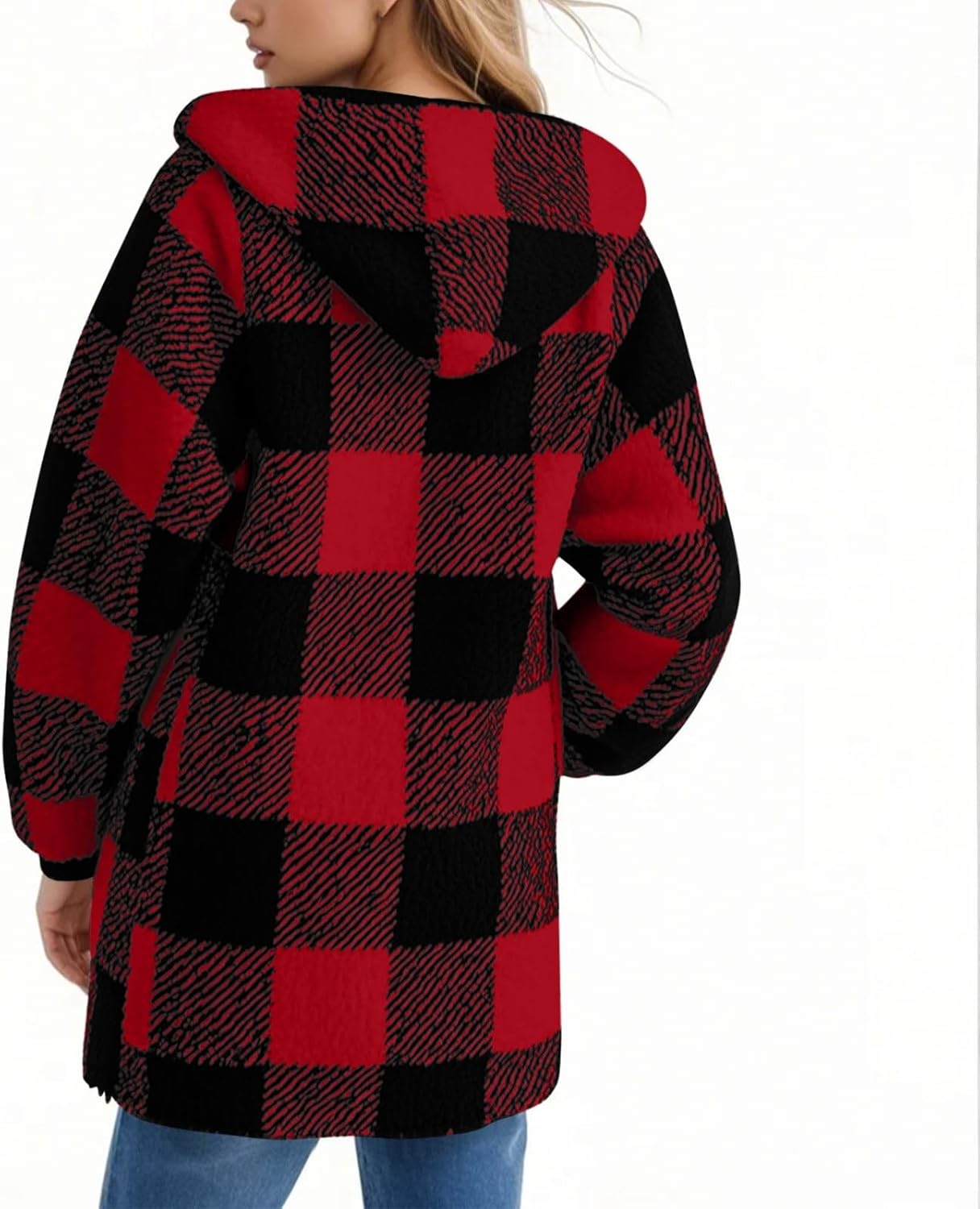 Sherpa Jacket Women Plaid Zip Up Long Plus Size Hoodies Outerwear Double Fleece Fall Winter Warm Coats with Pockets - Image 8