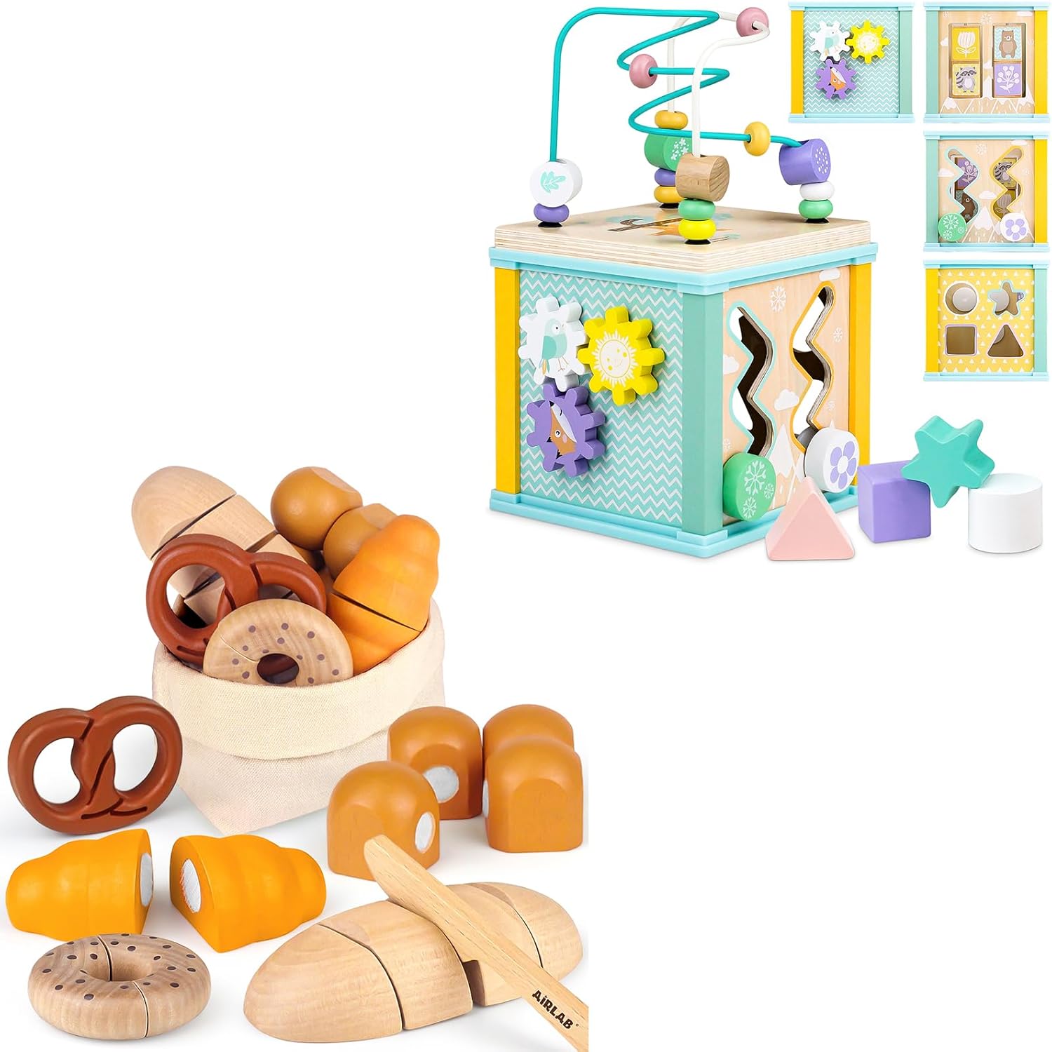 Wooden Play Food Bakery Toy Sets and Wooden Activity Cube Toddler Montessori Toys
