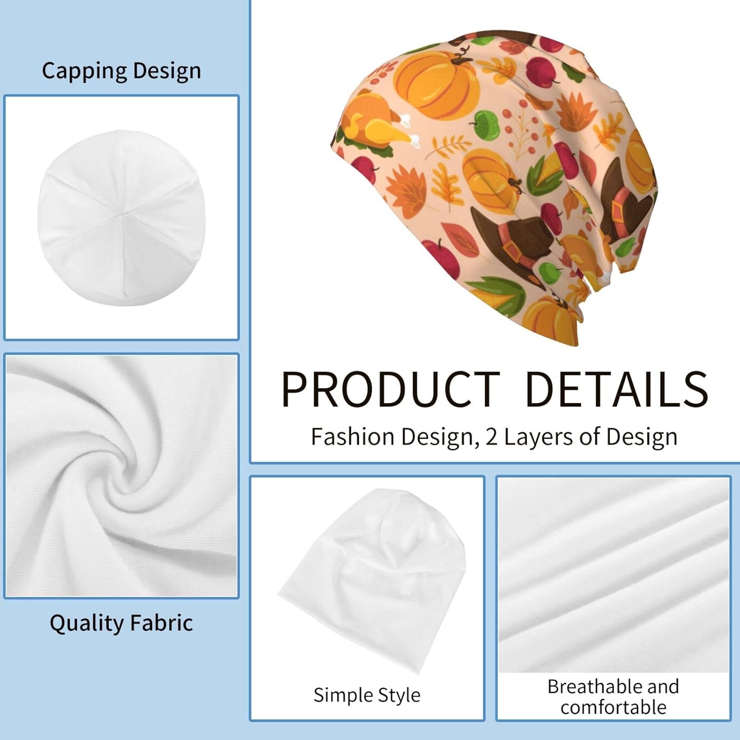 LAIPUTER Thanksgiving Beanie Standard Closed Chemo Hat Cancer Headwear Knitted Hats Baggy Slouchy Cap for Adults Women Men - Image 3