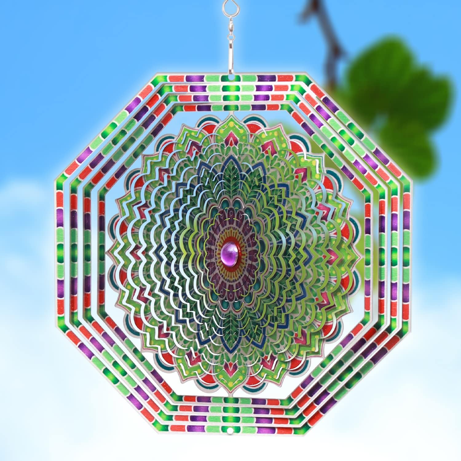 SPRING SONG Wind Spinner 3D Stainless Steel Indoor Outdoor 10" Octagonal Mandala Decoration Crafts Ornaments Kinetic Yard Art, Hanging Wind Spinners Decor Gifts