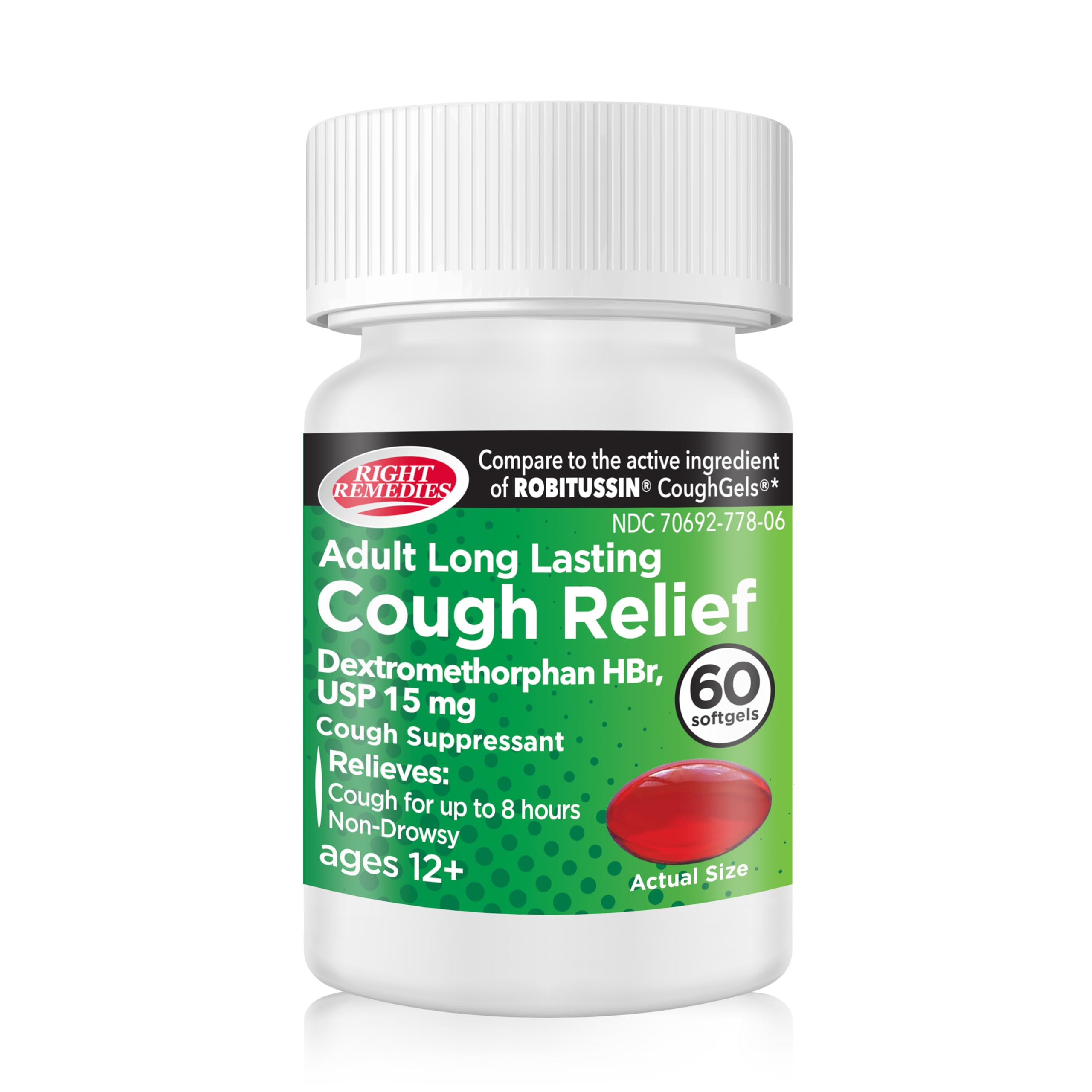 RIGHT REMEDIES Cough Relief Softgels, Dextromethorphan HBr 15mg, up to 8-Hour Long-Lasting, Non Drowsy Bronchial Suppressant, Generic Coughgels Compare to National Brand (60 Softgels)