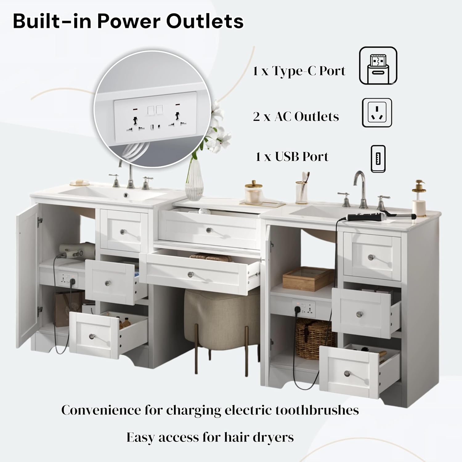 84" Double Sink Bathroom Vanity, 2 Ceramic Sinks and a Engineered Stone Countertop, Large Storage Bathroom Vanity with Silver Metal Knobs and 6 Drawers, Soft Closing Design -White