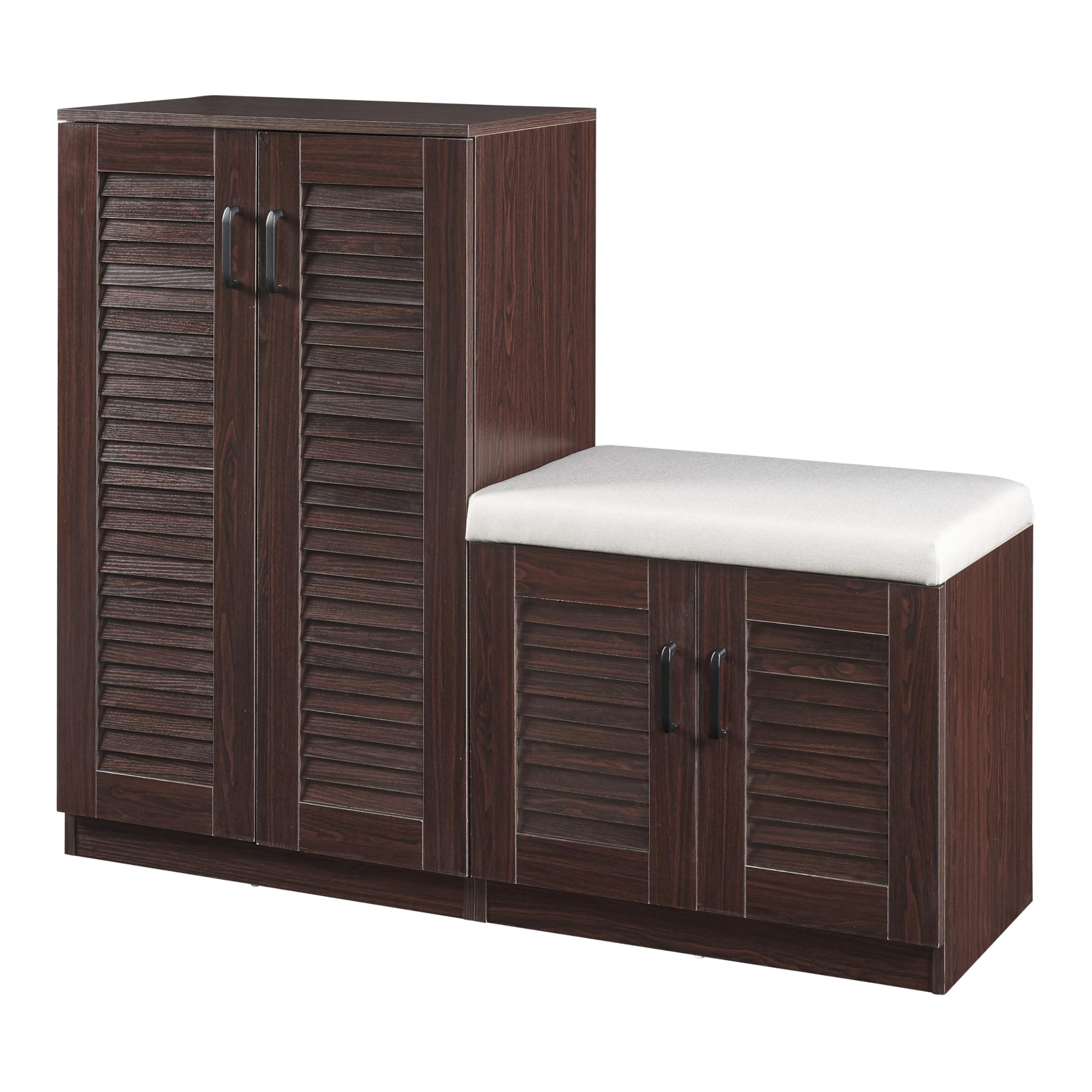 [en.casa] Set di Armadio Scarpiera e Panca Contenitore con Seduta Imbottita Mobile Portascarpe Ante a Persiana e Ripiani Inclinati 97 x 120 x 36 cm MDF Wengè