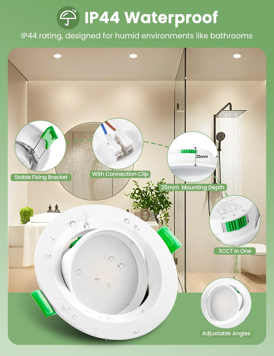 Reflektor LED do zabudowy, 230 V, 5 W, LED, wychylny, 68-80 mm, wymiary otworu, ciepła biel, neutralna biel, zimna biel, IP44, lampy do zabudowy, bez możliwości ściemniania, do łazienki