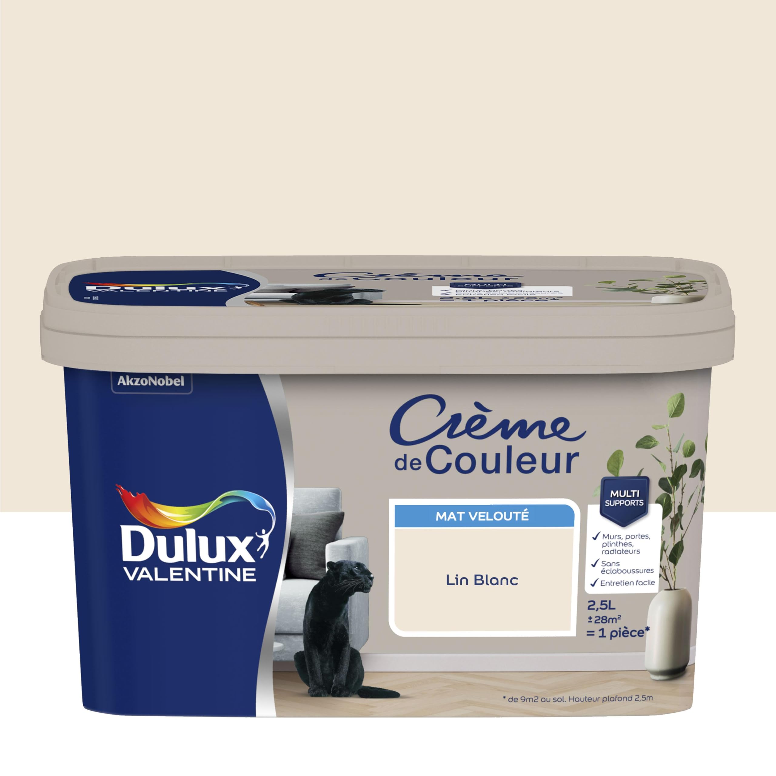 Dulux Valentine Crème de Couleur - Peinture multi-supports intérieure - Mat Lin Blanc 2,5 L