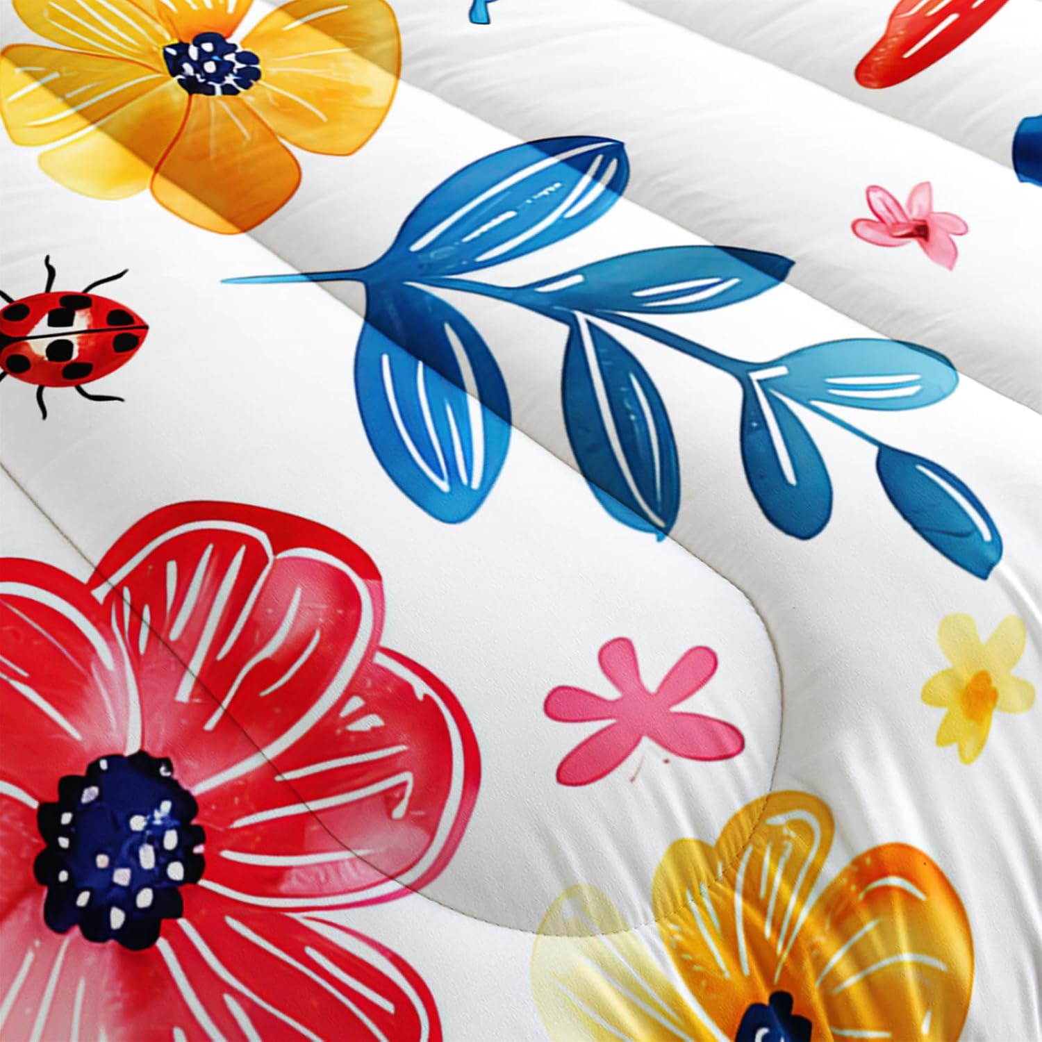 3 Pieces Floral Comforter Set Queen Size Botanical Flowers Leaves Bedding Comforter Sets, Colorful Flower All Season Lightweight Soft Microfiber Bedding with 2 Pillow Shams.