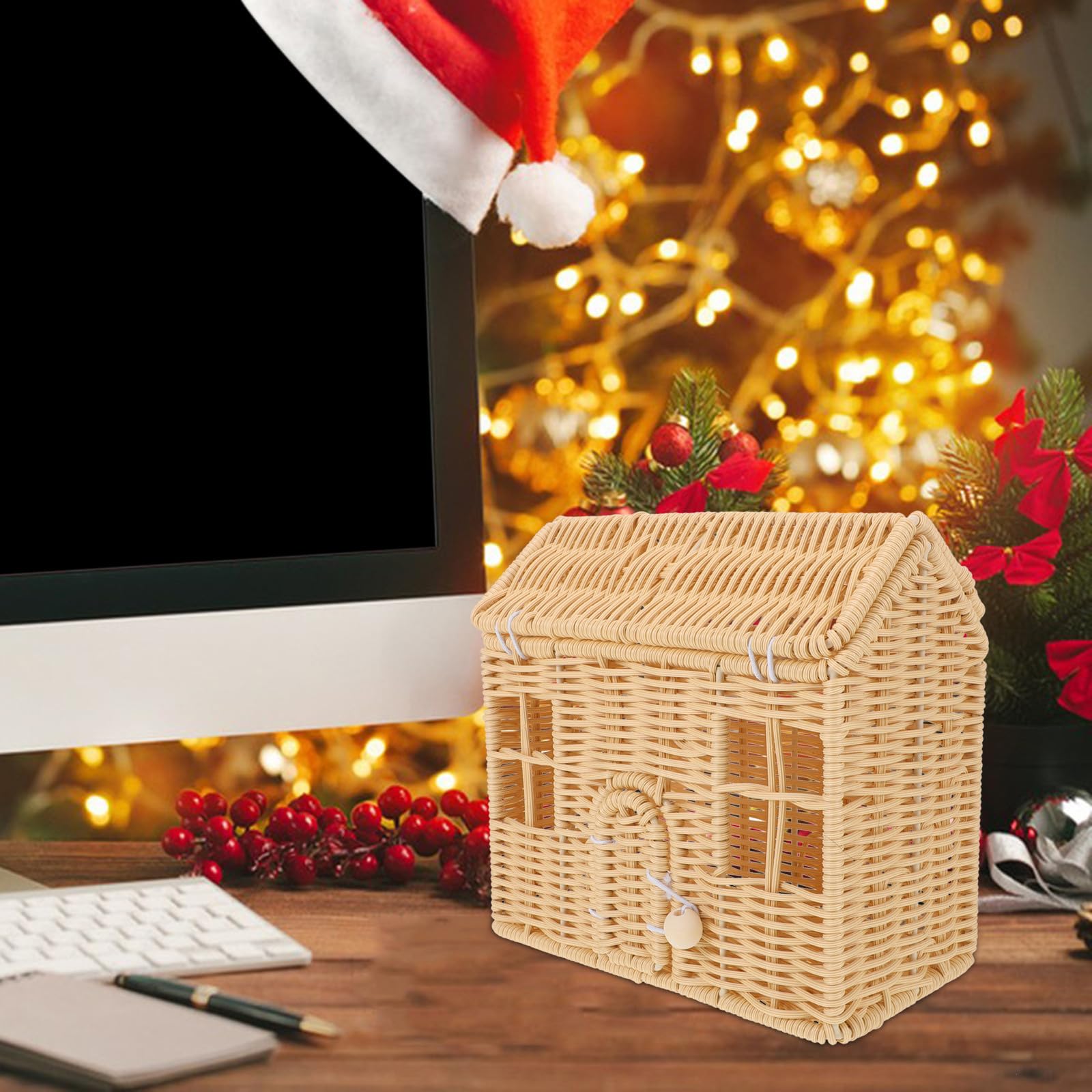Cesta de Dulces Navideños de Plástico con Forma de Casa Beige, Tejida a Mano para Almacenamiento y Regalos en Ocasiones Festivas