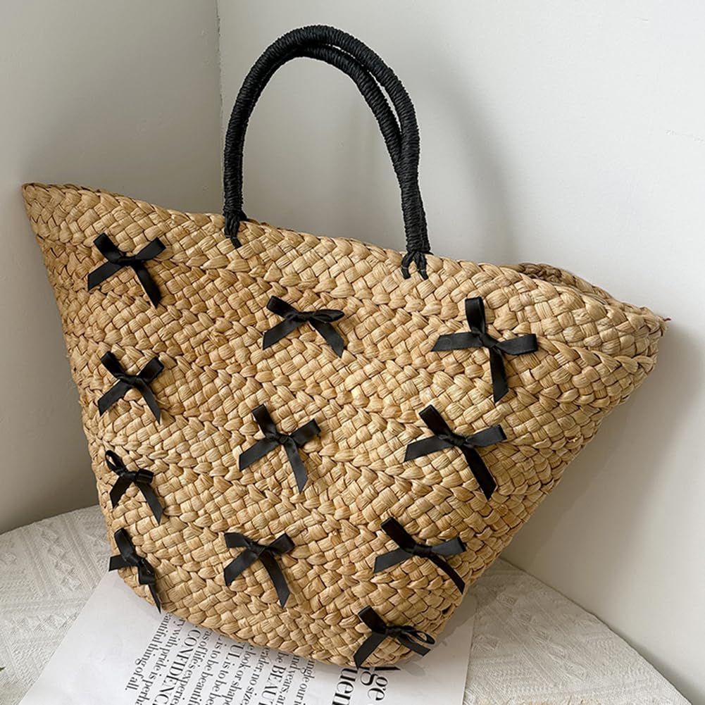 Borsa da donna in paglia con chiusura a cerniera, grande capacità, stile