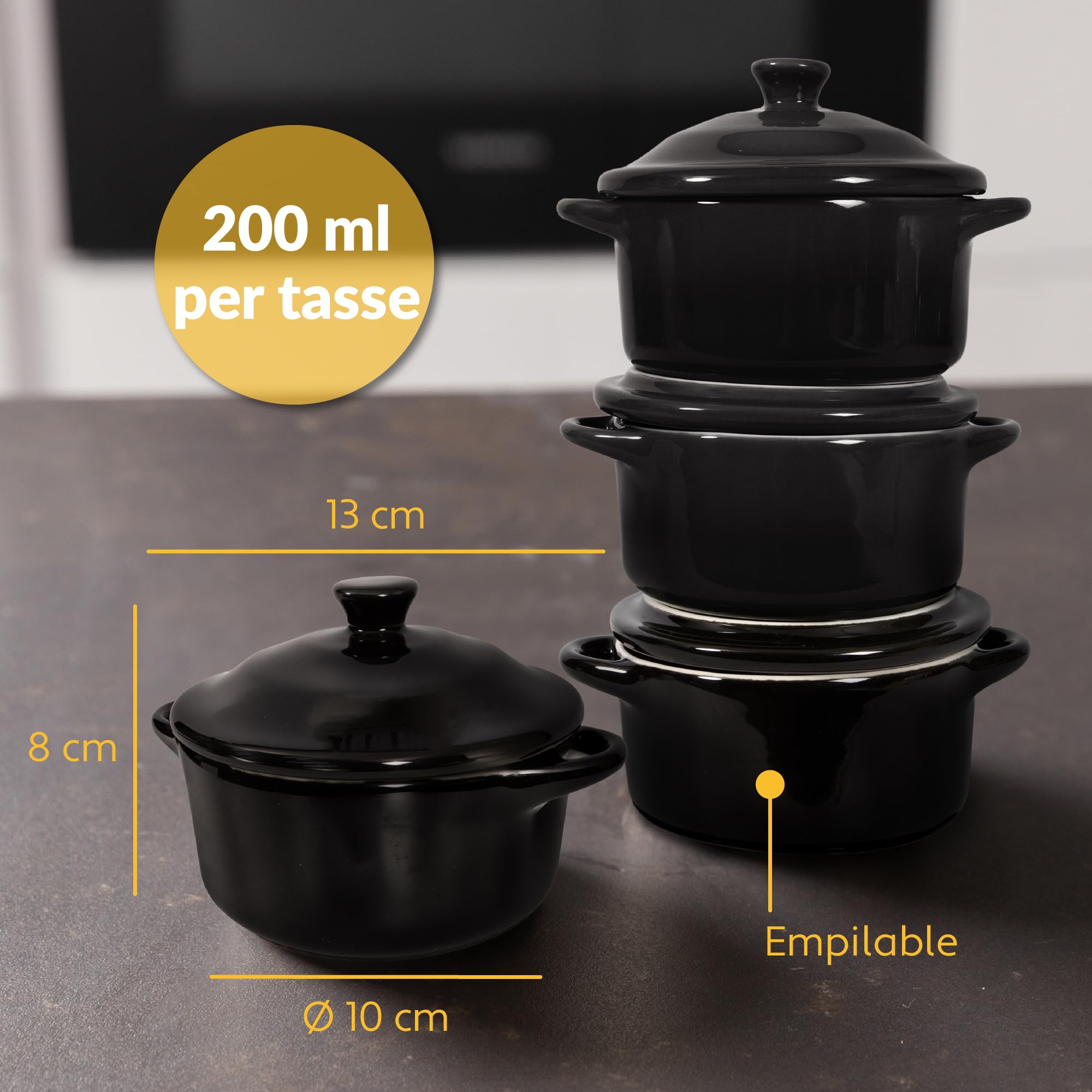 Chefarone 4 Ramequins en Céramique avec Couvercle – Noir – Crème Brûlée