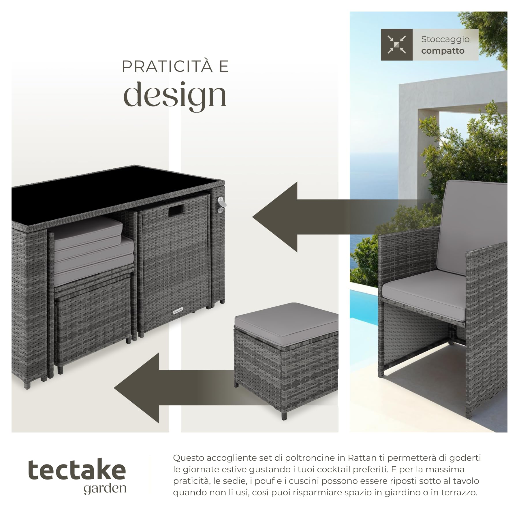 Tectake Salottino Rattan Palermo Set Sedie Cuscini Tavolino Vetro Grigio