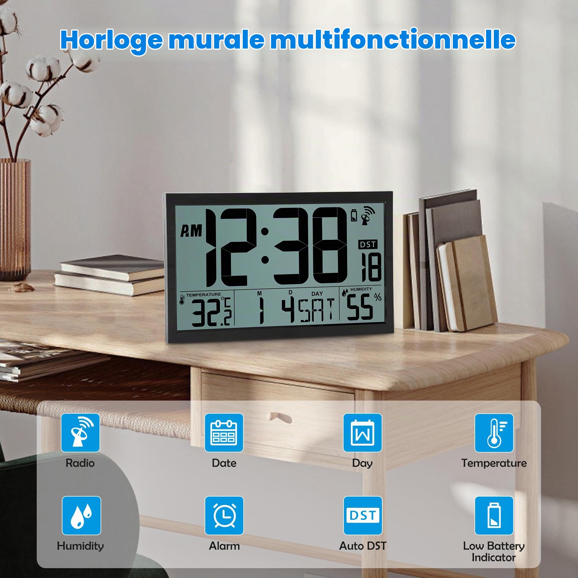 Sukeen Radio-réveil Mural, Horloge Murale numérique Grande Radio, Horloge numérique 16,7" fonctionnant sur Batterie, Radio-réveil avec température, humidité, pour la Maison, la Cuisine, Le Bureau