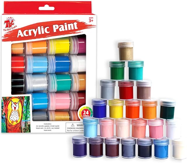 TBC The Best Crafts Acrylic Paint Set, 24 Basics Colors with Bottles (15ml/0.5oz Each), Rich Pigments, Non Toxic for School, Arts and Crafts Projects