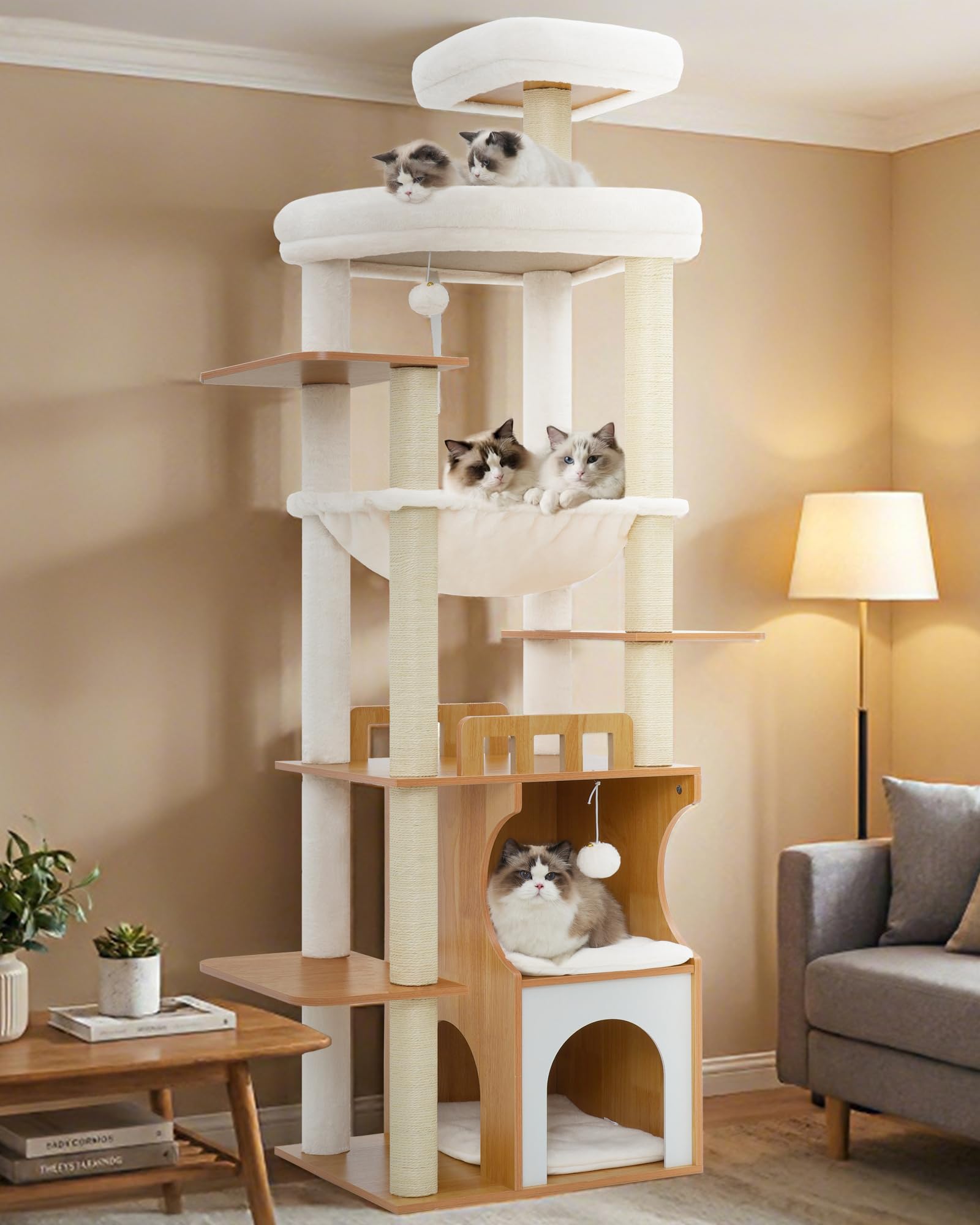 Gitelsnour Arbre à Chat Maine Coon, 180 cm Tour de Jeux pour Chats Adulte, Tour Chat Moderne avec Niche à Chat en Bois à Deux étages, 2 Plateformes, Hamac et Poteaux à Griffer, Noyer GCT102WB