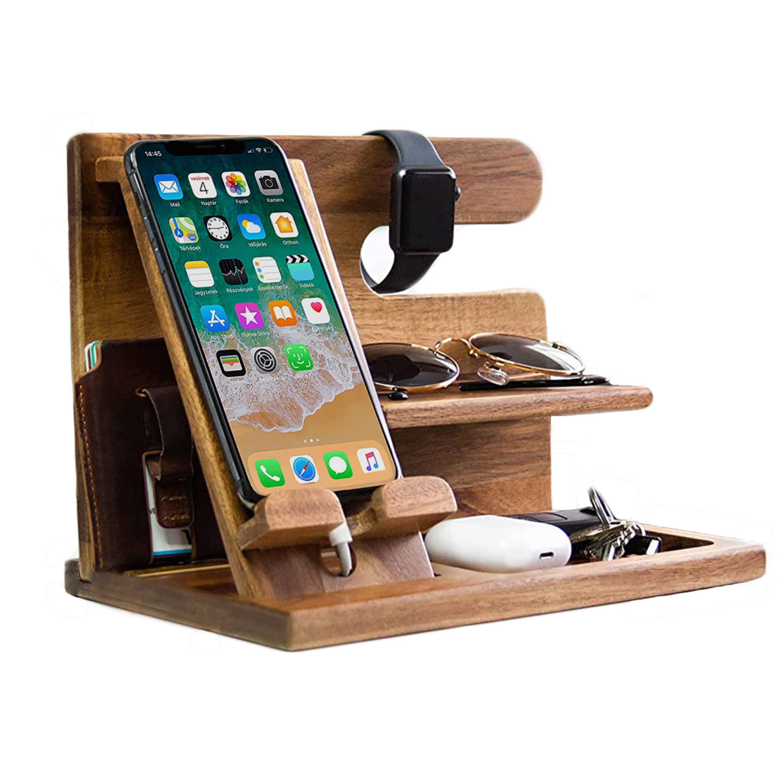 Wood Phone Docking Station - Wooden Docking Station for Men - Wood Phone Organizing Station - Wood Phone Nightstand Organizer - Men's Wooden Phone Docking Station - Mens Organizer Station for Dresser
