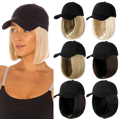Qlenkay Gorra de béisbol con extensiones de cabello recto, fleco corto, peinado ajustable, extraíble peluca y sombrero ,14 pulgadas para mujer y niña