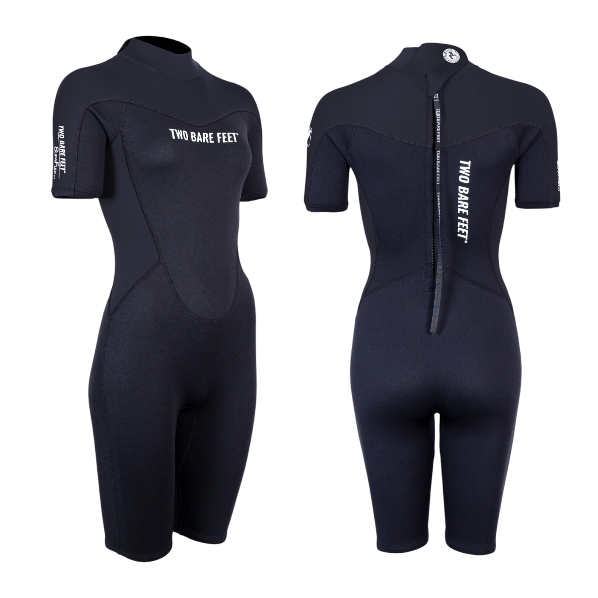 Two Bare Feet Womens Shorty Wetsuit 3/2mm Superstrech Neoprene Summer Ladies Surf Suit, Back Zip – Surfing, Paddleboarding, Open Water & Wild Swimming (SupaFlex Black, 2XL)
