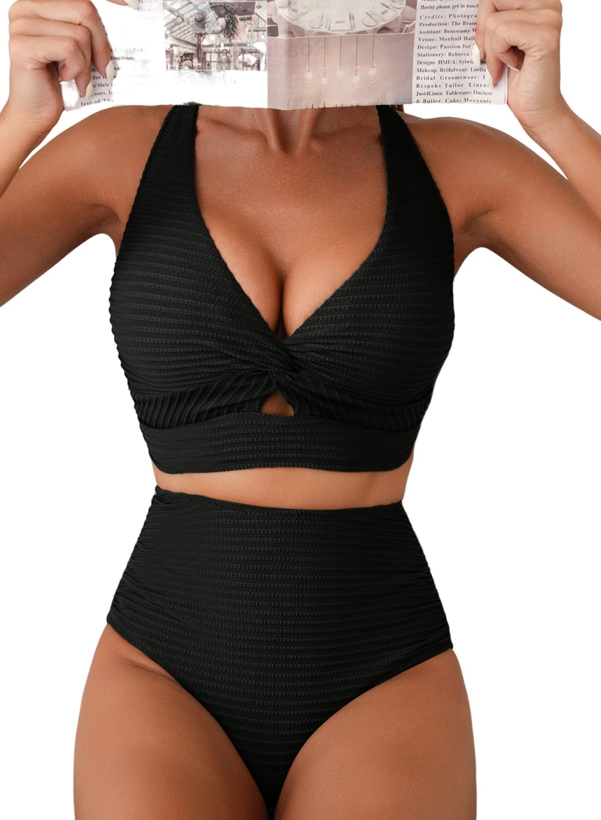 Women's Textured Bikini Sets Twist Front Top Swimsuits High Waisted Bathing Suits