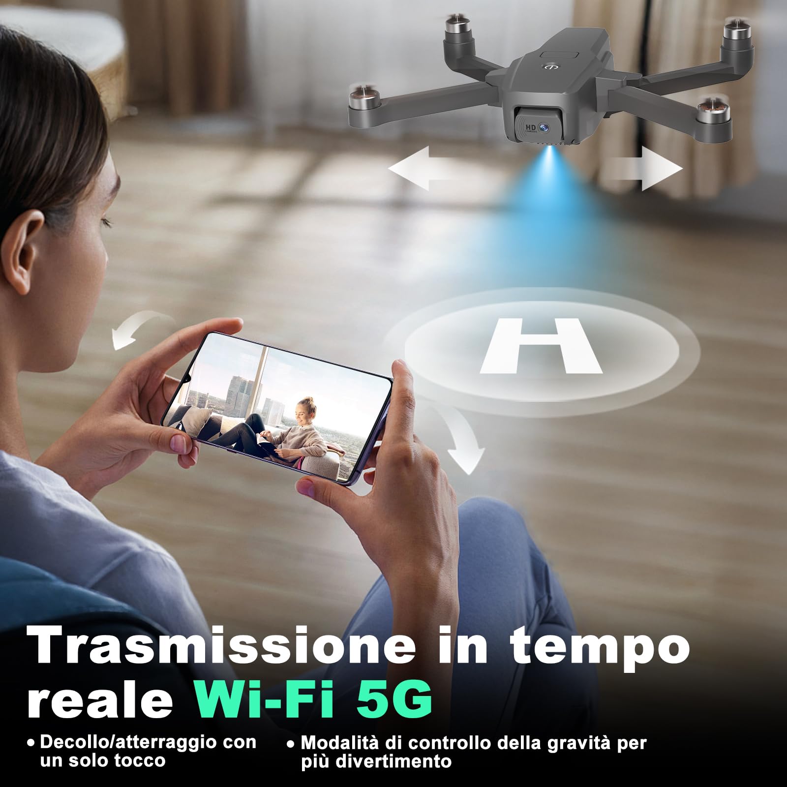 Drone con Telecamera Droni Pieghevoli per Adulti Principianti Motore Brushless Protezione dal Vento Livello 4 Velocità Massima di Volo 40 KM/H Telecamera 1080P Motorizzato Regolabile FPV RC Quadcopter