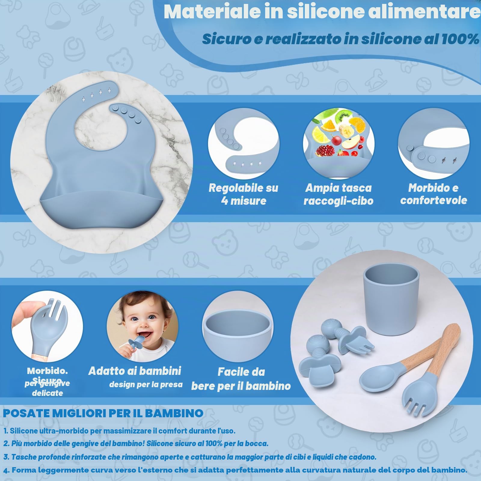 Set Pappa Svezzamento, 11 Pezzi Svezzamento Set Silicone Piatto per Bambini con Ventosa Ciotola Cucchiaio Tazza Bavaglino,Training Esercitarsi A Mangiare Da Soli, Set di Posate,Senza BPA(Blu)