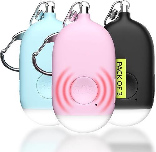 Weten Llavero de alarma personal recargable, sirena de 130 dB, luz LED, paquete de 3 alertas de seguridad personal para mujeres, alarma de botón de