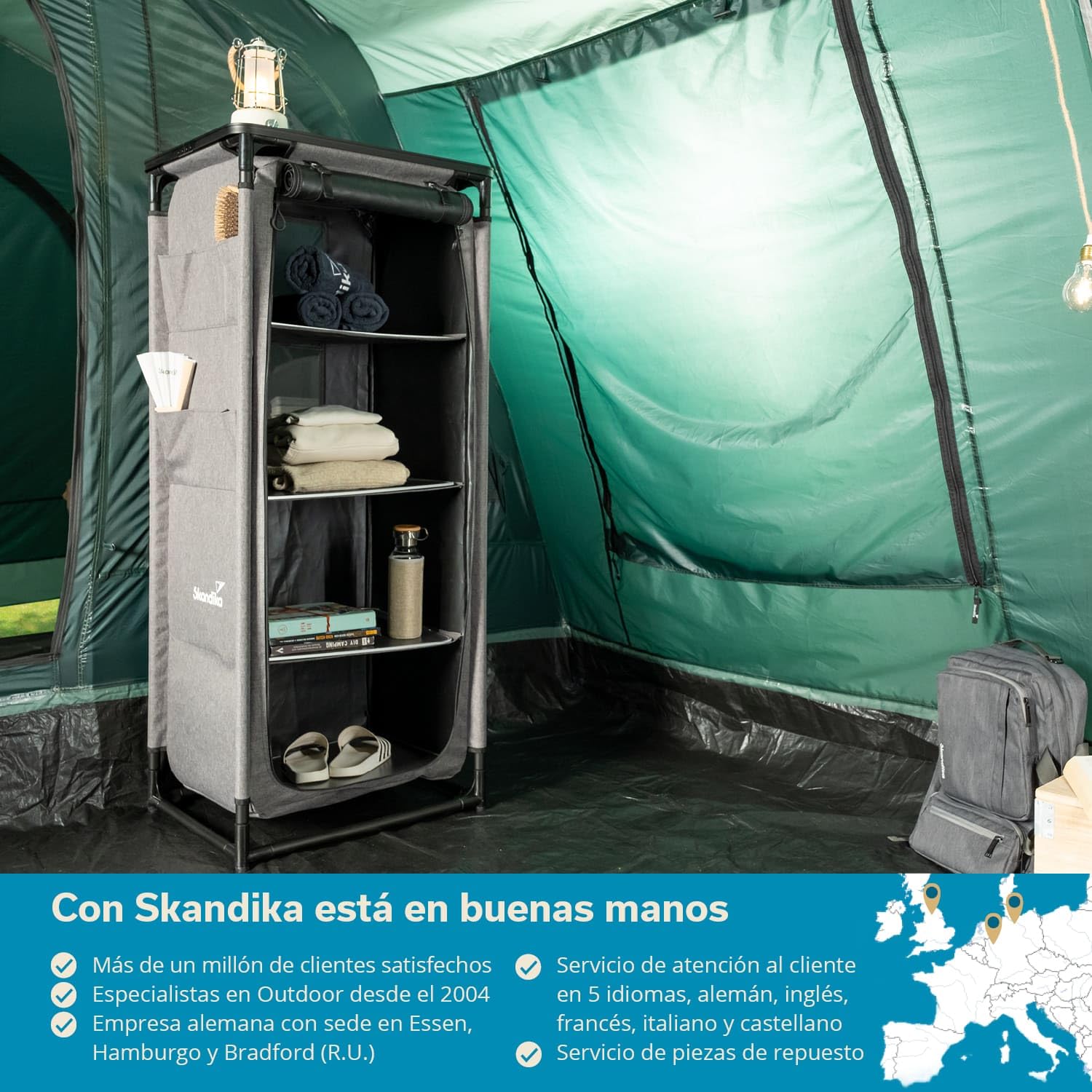 skandika Ruoka Armario Camping | Armario Alto, Sistema enchufable sin Herramientas, 140 cm de Altura, 4 Compartimentos con estantes, Bolsa de Transporte