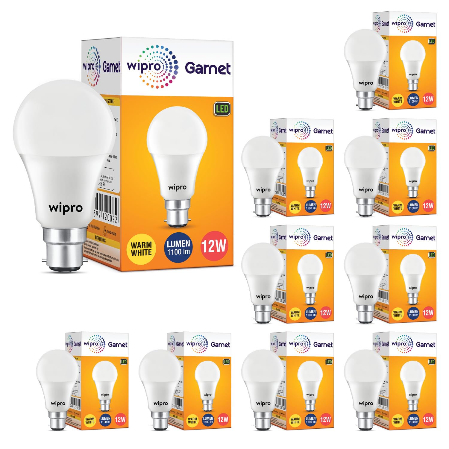 wipro Garnet Base B22 12-Watt LED Bulb (Pack of 10, Yellow)