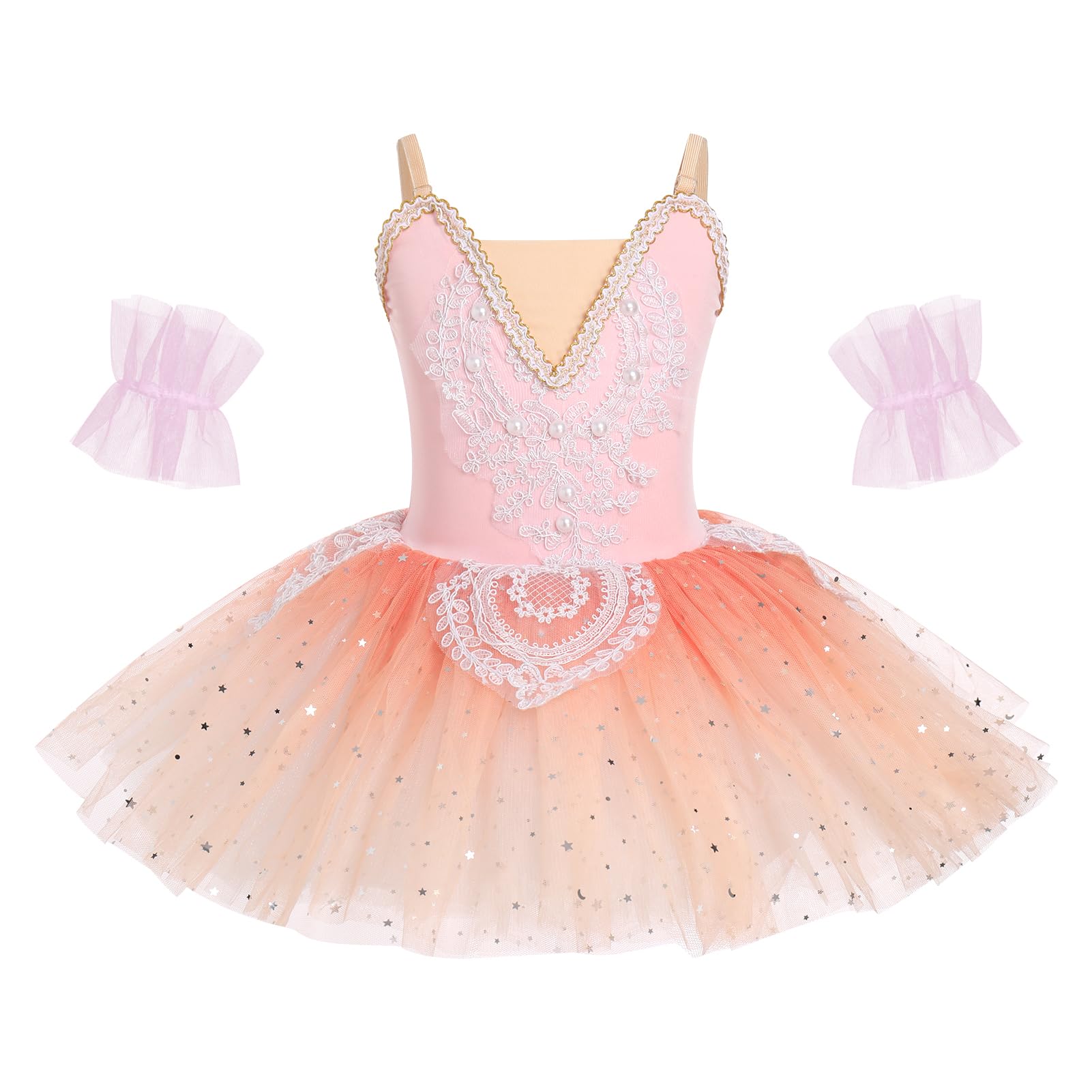 OBEEII Fille Ballet Danse Robe Spaghetti Straps Décalcomanie Brodée Tutu Justaucorps Classique Gymnastique Léotard Costume avec Brassard