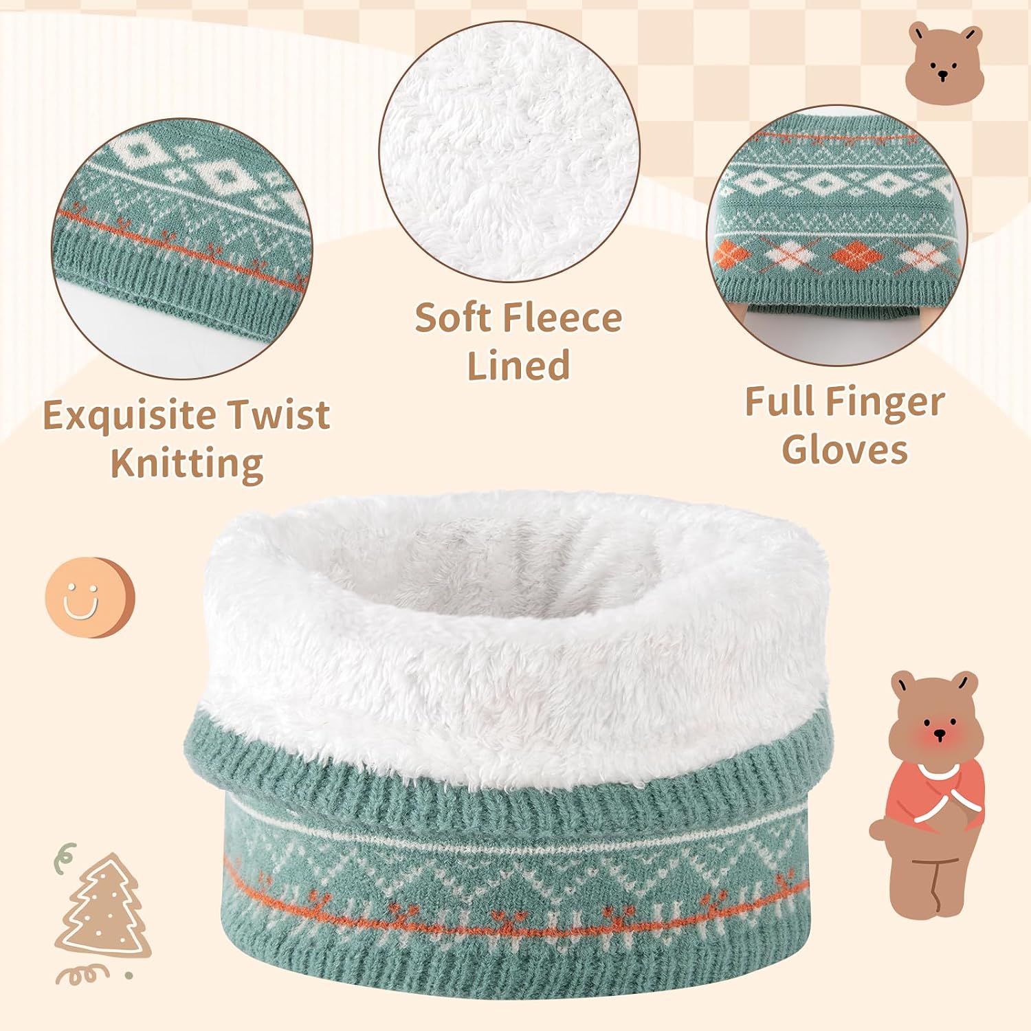Comfoex 4 Pcs Kids Winter Beanie Hat Gloves Scarf Sock Set Neck Warmer Gaiter Knitted Fleece Lined Thermal Set for Boys Girls