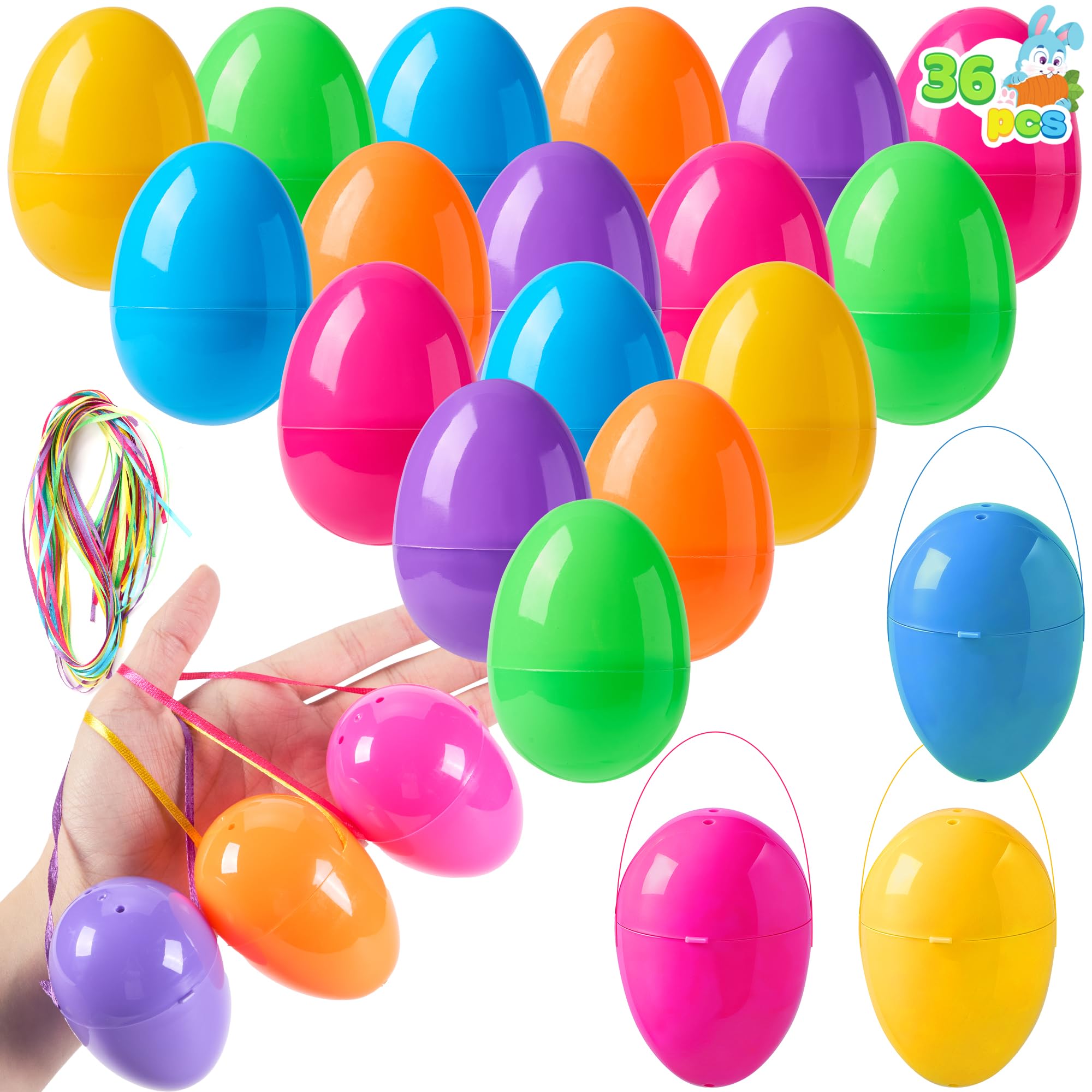 JOYIN 36 uova di Pasqua da 8 cm con nastro per appenderle, uova di plastica colorate vuote riempibili, gusci d'uovo luminosi per caccia di Pasqua, riempimenti per cesti, decorazioni per albero da