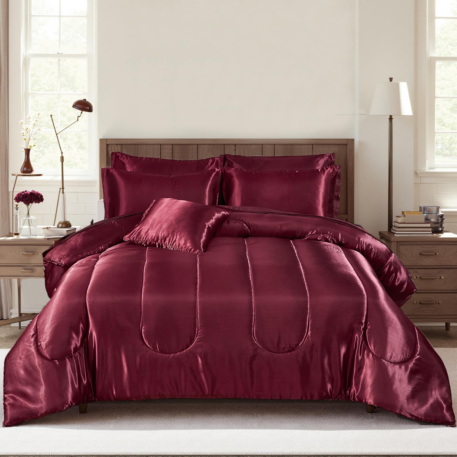 Bedding_Dreamer Satin Comforter Set King Size, 8 Piece Bed in a Bag Burgundy with Sheets, Silky Soft Polyester Satin Bedding Set, Lightweight, 16 Inch