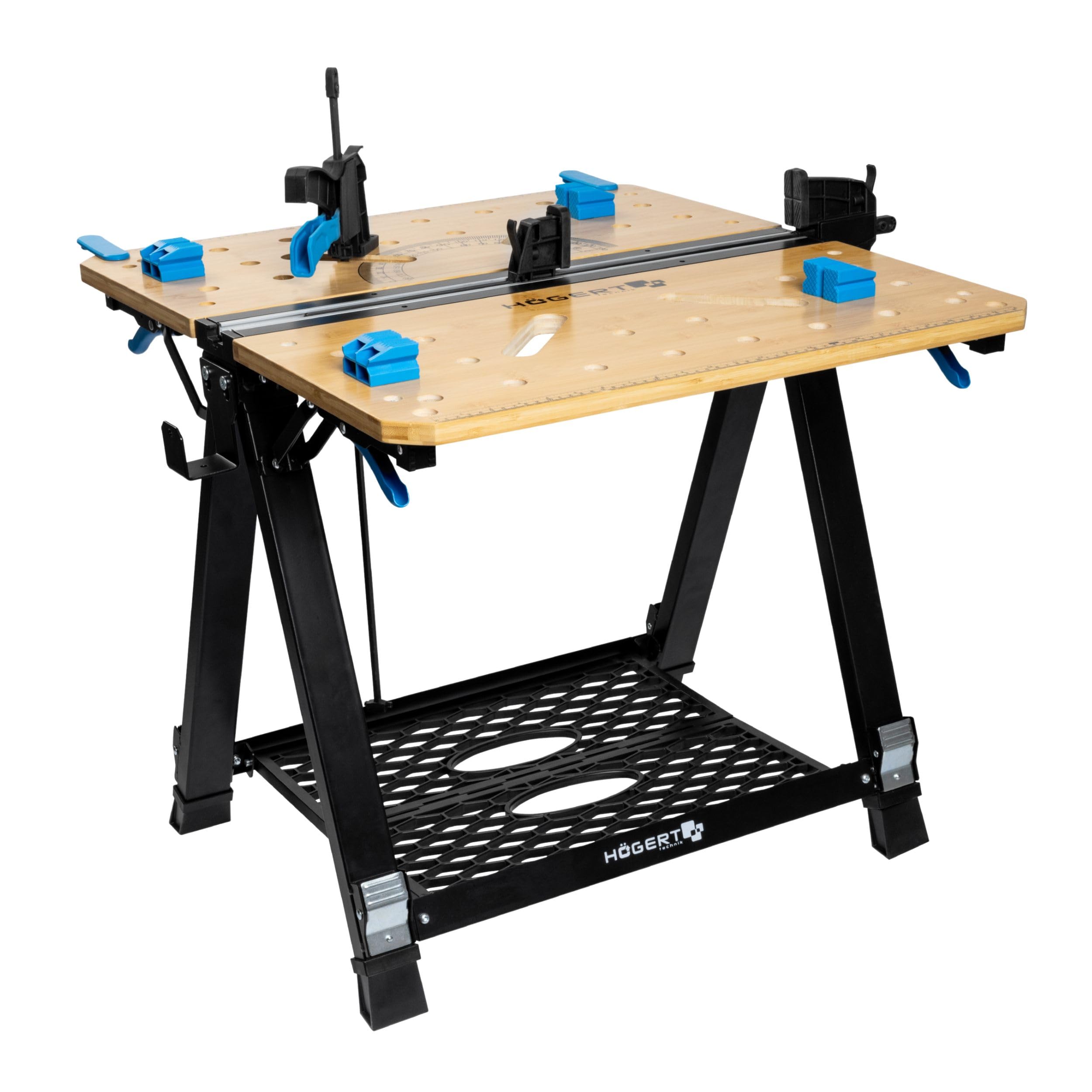 HÖGERT TECHNIK Tavolo da officina pieghevole, 700 x 650 x 915 mm, con piastra in bambù, regolazione in altezza a 5 livelli, capacità di carico 450 kg, fori, raccordi e morsetti di serraggio