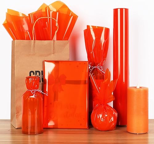 Miniatura 5 de Giiffu Rollo de celofán para envolver color naranja, 34 pulgadas de ancho x 100 pies de largo, papel de regalo de celofán naranja translúcido de 3