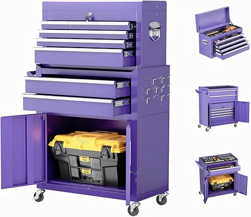 Miniatura 15 de Crownland Caja de herramientas con ruedas de 8 cajones con ruedas, armario de herramientas desmontable 2 en 1 con cerradura con cajones y Negro