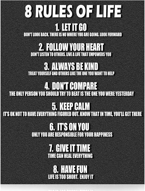 8 Rules of Life Motivational Poster, 14 x 11 Inch Inspiring Positive Quotes Wall Decor, 8 Rules of Life Wall Art Motivational Poster Print, Inspirational Wall Art for Office, Home, Living Room