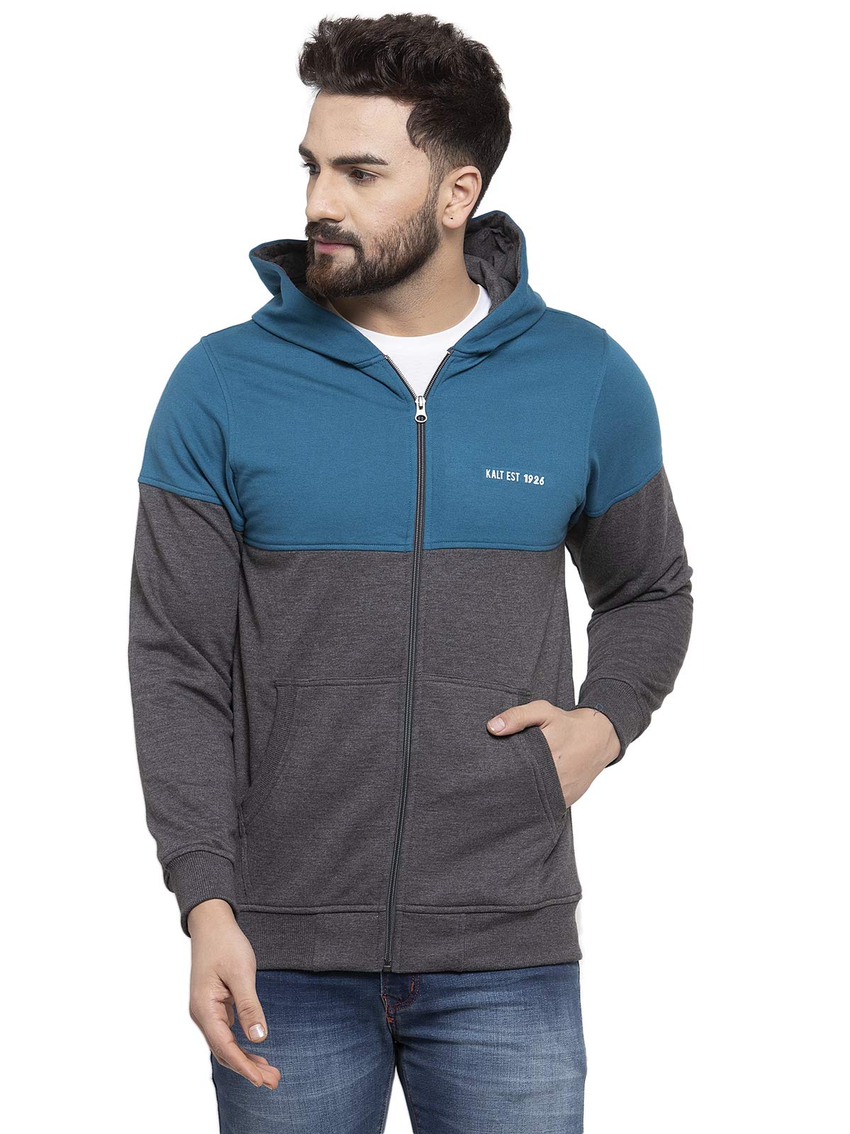 kalt Men's Full Sleeves Dual Colour Zipper Fleece Hoodie(Dark Grey Melange::Teal)-picture-17