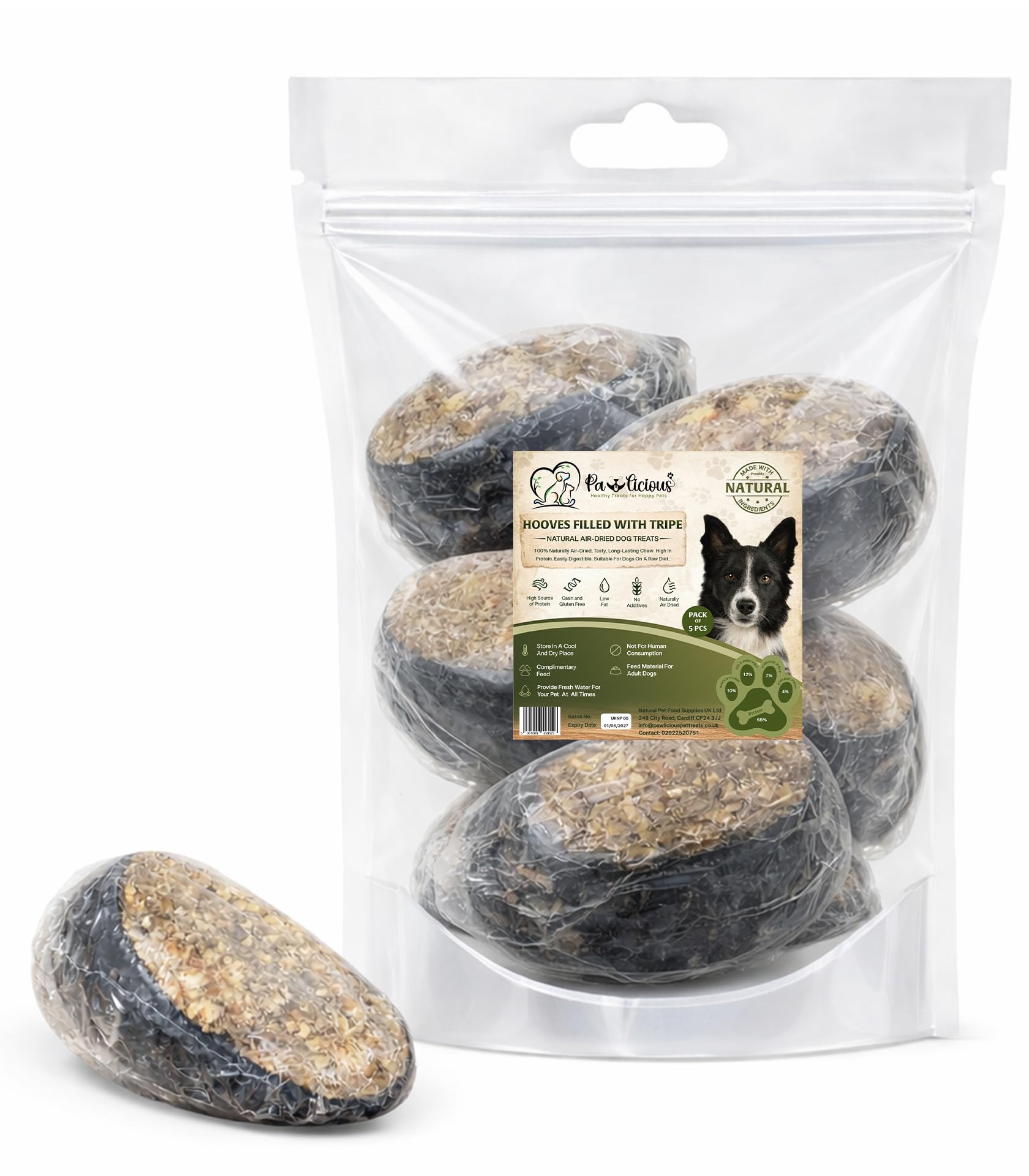 Pawlicious Beef Hooves Filled with Tripe for Dogs 5 pieces, Air-Dried Long-Lasting Natural Dog Chews, Dental Health Treat for Medium to Large Dogs, Pack of 5