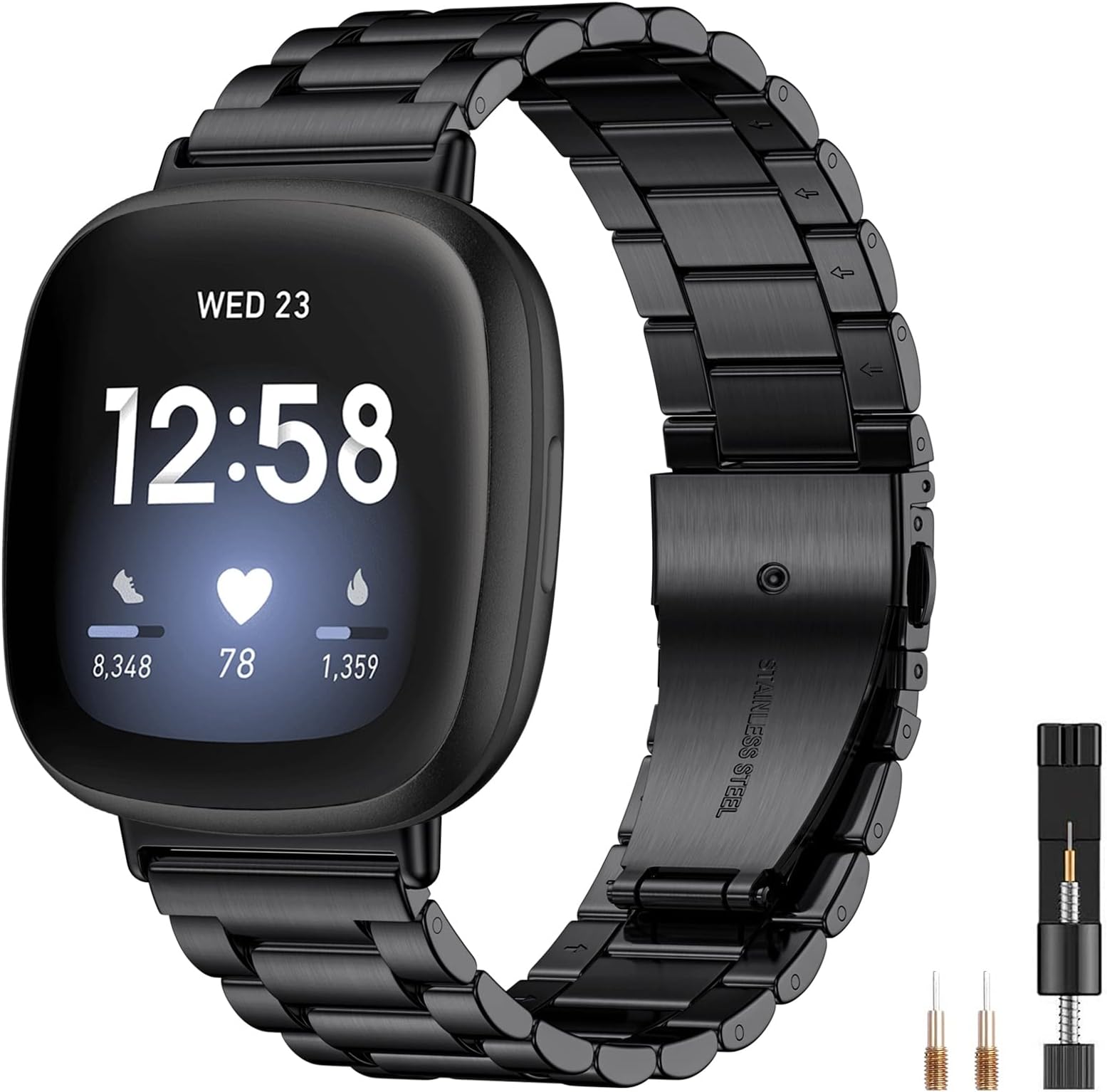 CeMiKa Strap Compatible with Fitbit Versa 3 Strap/Fitbit Sense Strap, Adjustable Stainless Steel Metal Replacement Strap with Double Folding Clasp for Fitbit Versa 3/Sense, Men Women