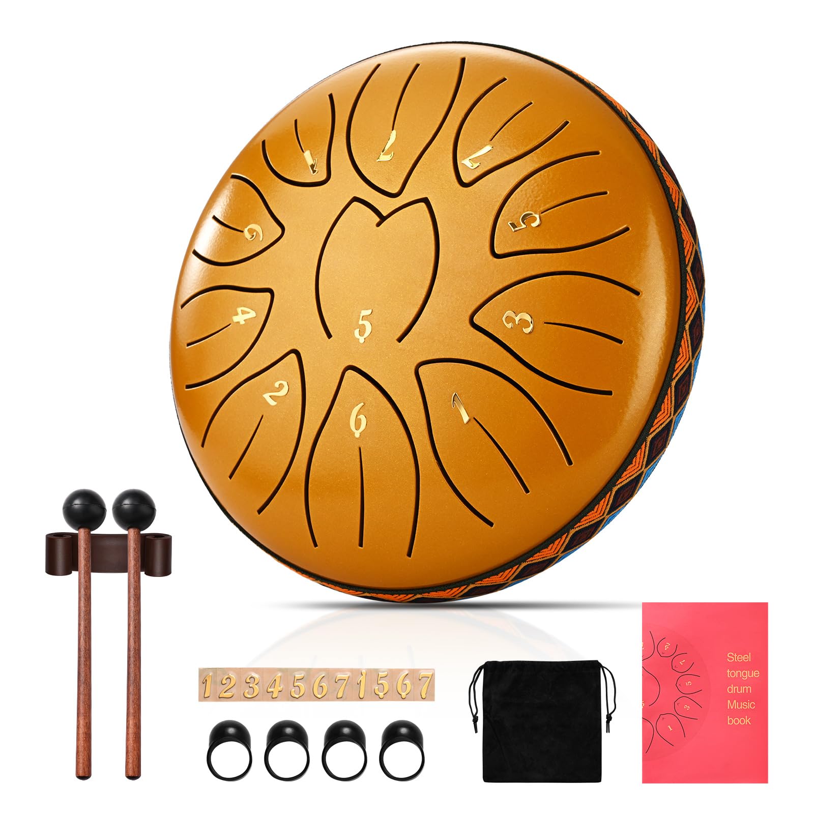 Steel Tongue Drum, 6 Inch, 11 Tones C Key Steel Tongue Drum Mini Drum Handpan with Bag, Mallets and Picks, Percussion Instrument, Ideal for Camping, Yoga, Meditation (Gold)