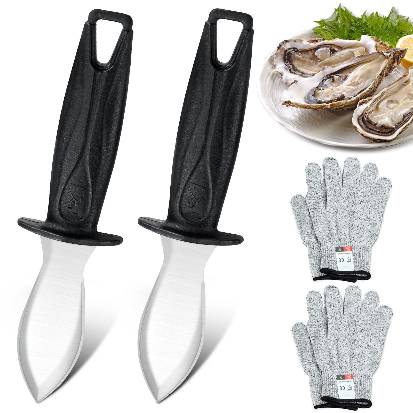 Bestdin Coltello per ostriche, 2 Pezzi Coltello Ostriche con 2 Coppie Guanti Antitaglio Alimentari, Coltello per Ostriche In Acciaio Inox con Impugnatura Ergonomica, Apri Ostriche Professionale