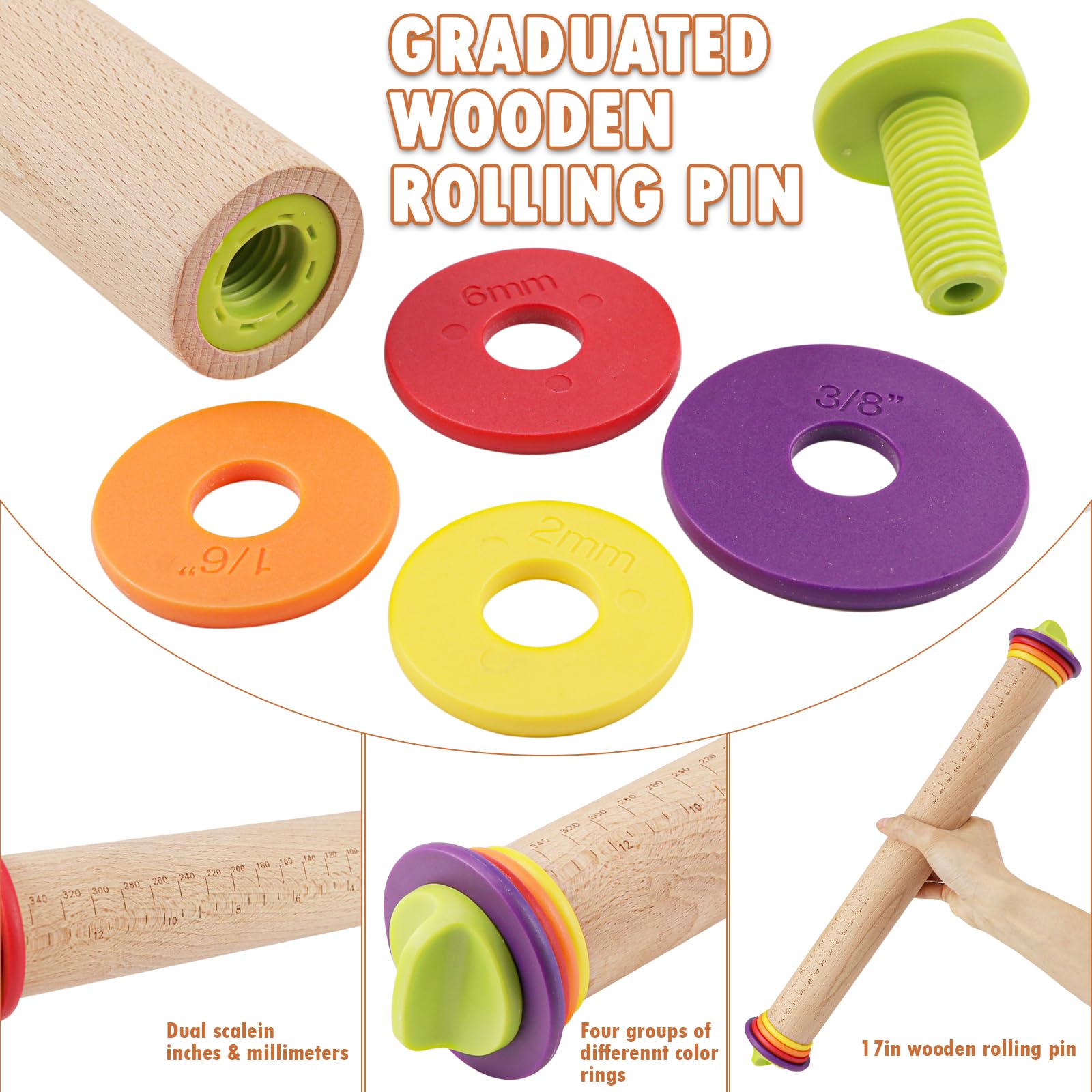 Nudelholz aus Holz, 43,2 cm, Nudelholz mit 4 verstellbaren Ringen, abgestufter Nudelholz zum Backen, Fondant, Pizza, Kruste, Kekse, Gebäck