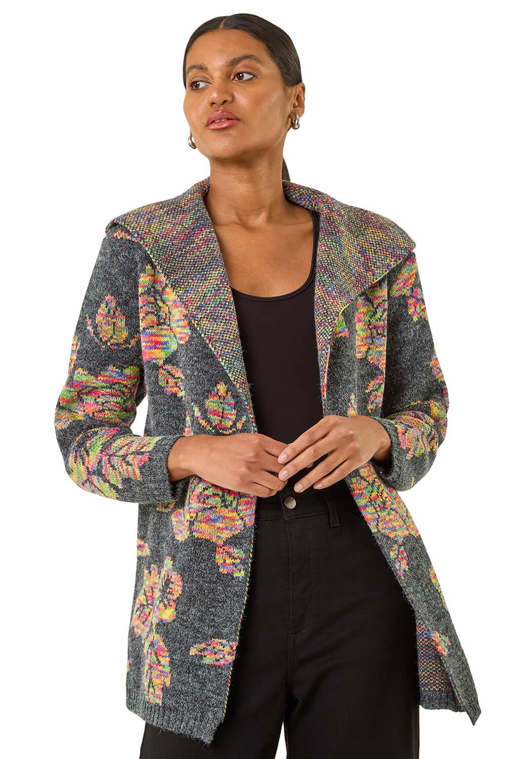 Roman Originals Women's Dark Grey Multi Cardigan - Longline Coatigan Tassel Open Front Cardi Winter Autumn Casual Textured Edge To Edge Yarn Patterned Comfy Work Going Out - Size 16