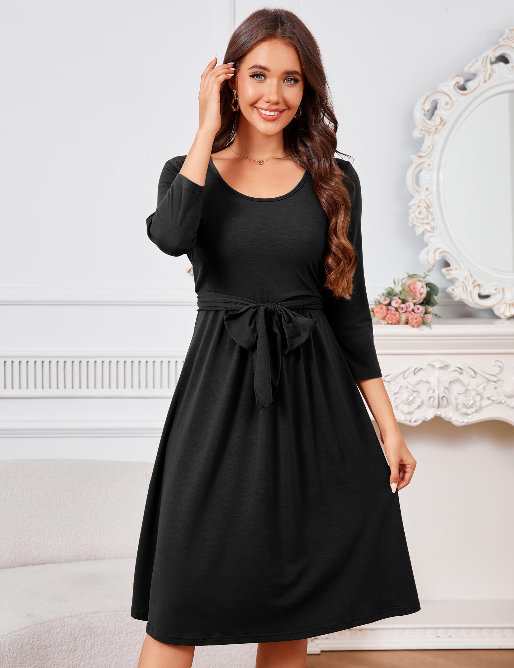 YesFashion Robe de grossesse à manches longues élégante pour femme - Robe d'allaitement légère - Décontractée - Col rond - Bretelles à nouer - Robe d'allaitement avec volants