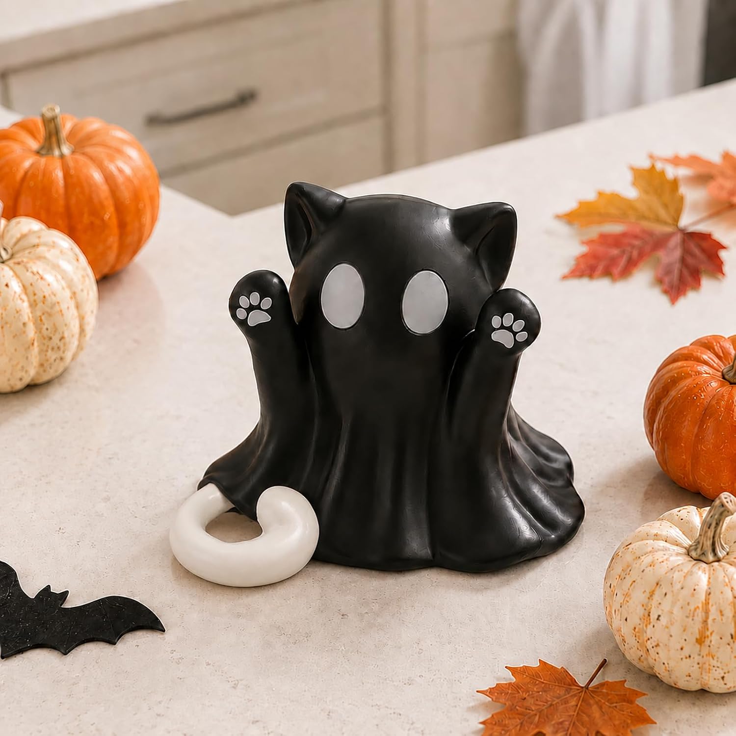 Halloween Ghost Figurine, Funny Spooky Resin Ghost Black Cat Statue, Cute Decor for Halloween Decorations Indoor, Porch and Indoor Spooky Home Decor Gifts