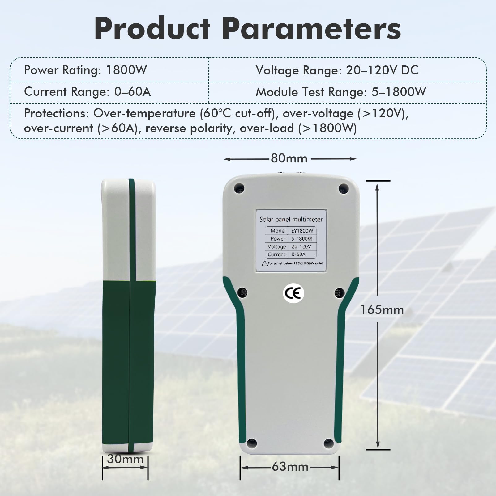 Solarpanel MPPT Tester 1800W, Photovoltaik Multimeter mit LCD-Display für 20-120V 60A, PV-Leistungsmesser mit Überhitzungs-/Überspannungs-/Überstromschutz für Solarmodule