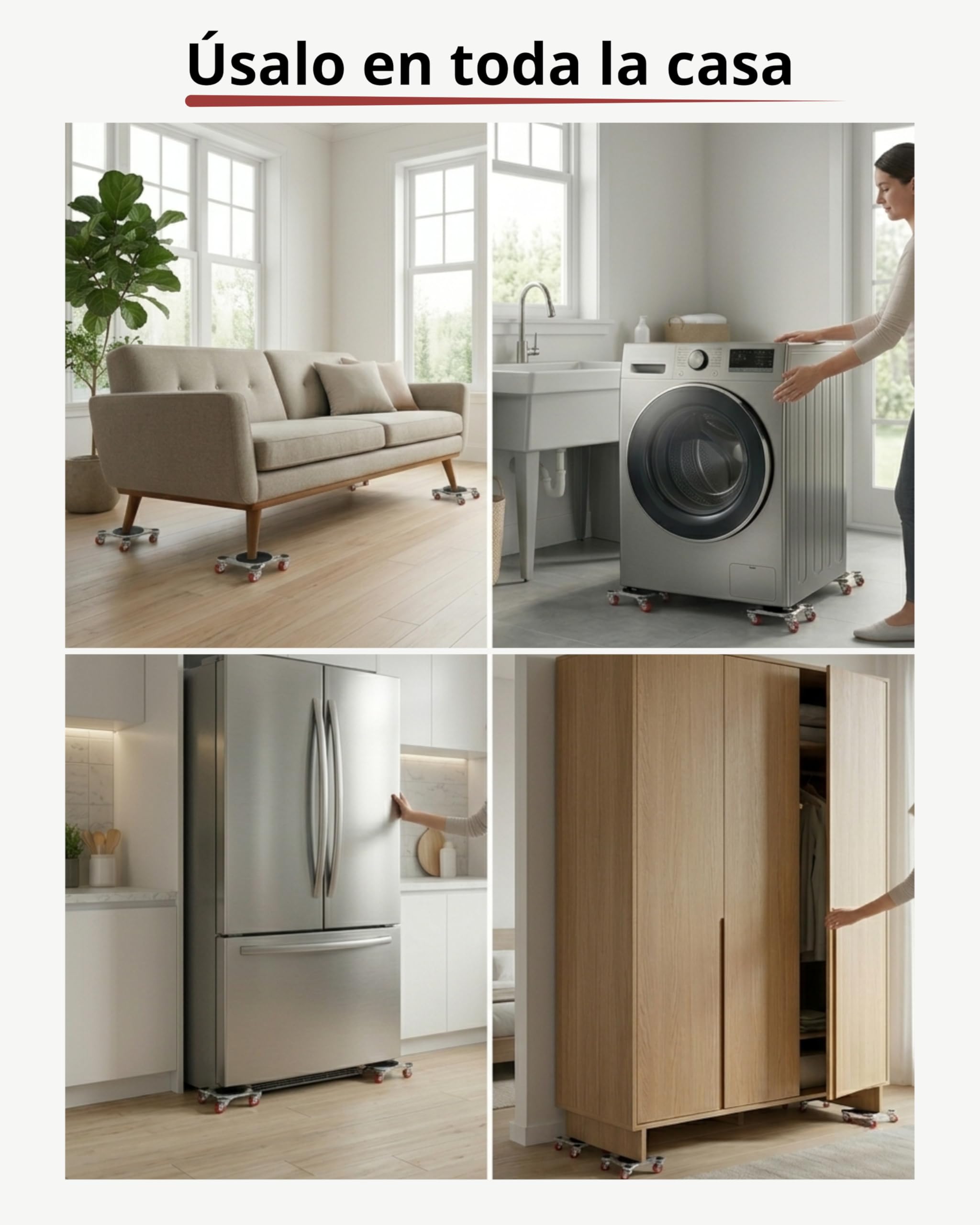 Kit para Mover Muebles Pesados | 4 Plataformas Acero Reforzado con 5 Ruedas 360° y 2 Frenos | Palanca Elevadora Extensible | hasta 800 kg | Protege Parquet y Suelo