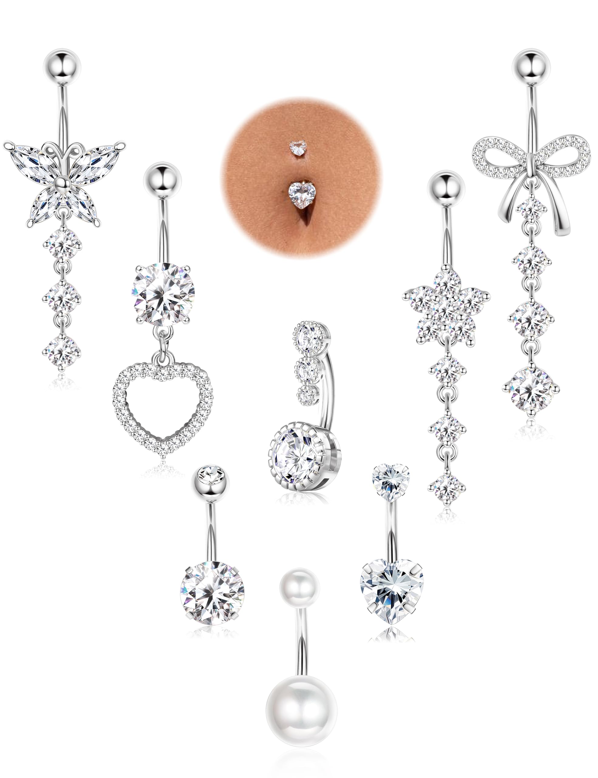 JeryWe 8Piezas Piercing Ombligo Acero Quirurgico Kit Piercing Nombril Hipoalergénicos Anillo Ombligo Colgante Acero Inoxidable 14G Cubic Zirconia Set Piercings Oro/Plata — view 8